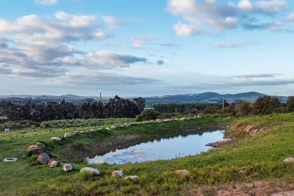 El tajamar de la finca frente a las sierras de Pan de Azúcar